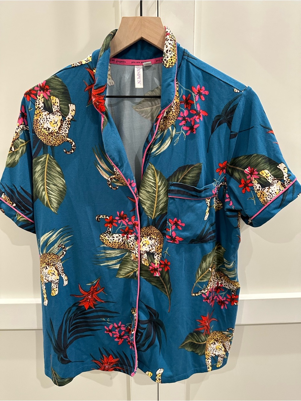 Tropical Leopard 2-piece Print Short-Sleeve Pajama Top and matching pants - Teal